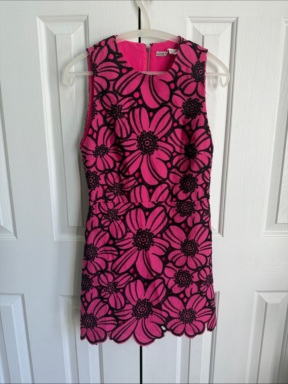 Alice + Olivia Rare Sample Hot Pink Dress with Black Floral Lace
